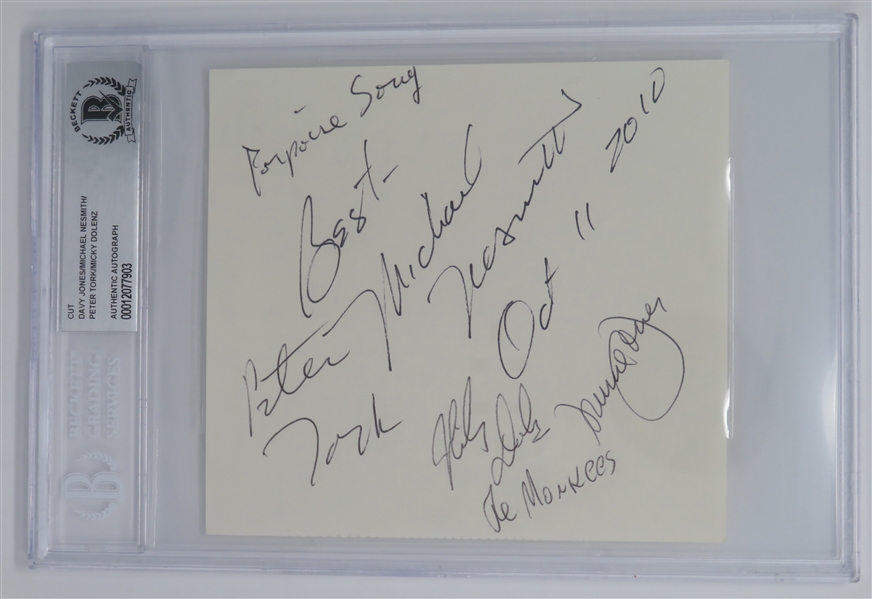 The Monkees Group Signed 5” x 5.5” Album Page by 4 Members (Beckett/BAS Encapsulated & JSA LOA)