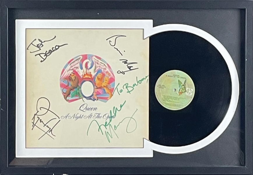 Queen Rare & Desirable Group Signed "A Night at the Opera" in Custom Framed Display (PSA/DNA LOA)