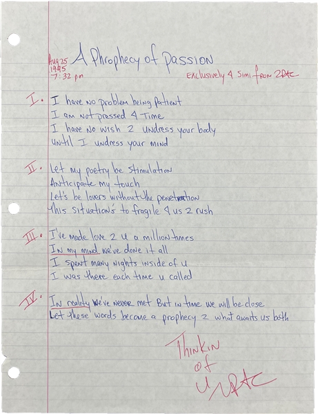 Tupac Shakur Rare Handwritten & Double Signed Poem - "A Prophecy of Passion" (JSA LOA)
