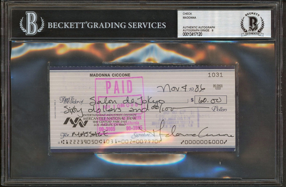 Madonna Handwritten & Signed 1986 Personal Bank Check with MINT 9 Autograph (Beckett/BAS Encapsulated)