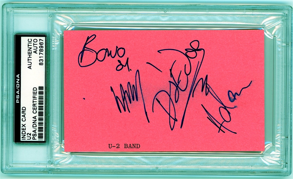 U2 Band Rare Early Signed 3" x 5" Index Card from 1984 (PSA/DNA Encapsulated)