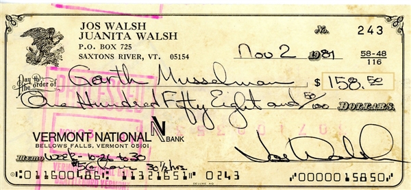 The Eagles: Joe Walsh Handwritten & Signed Personal Bank Check (Beckett/BAS Guaranteed)