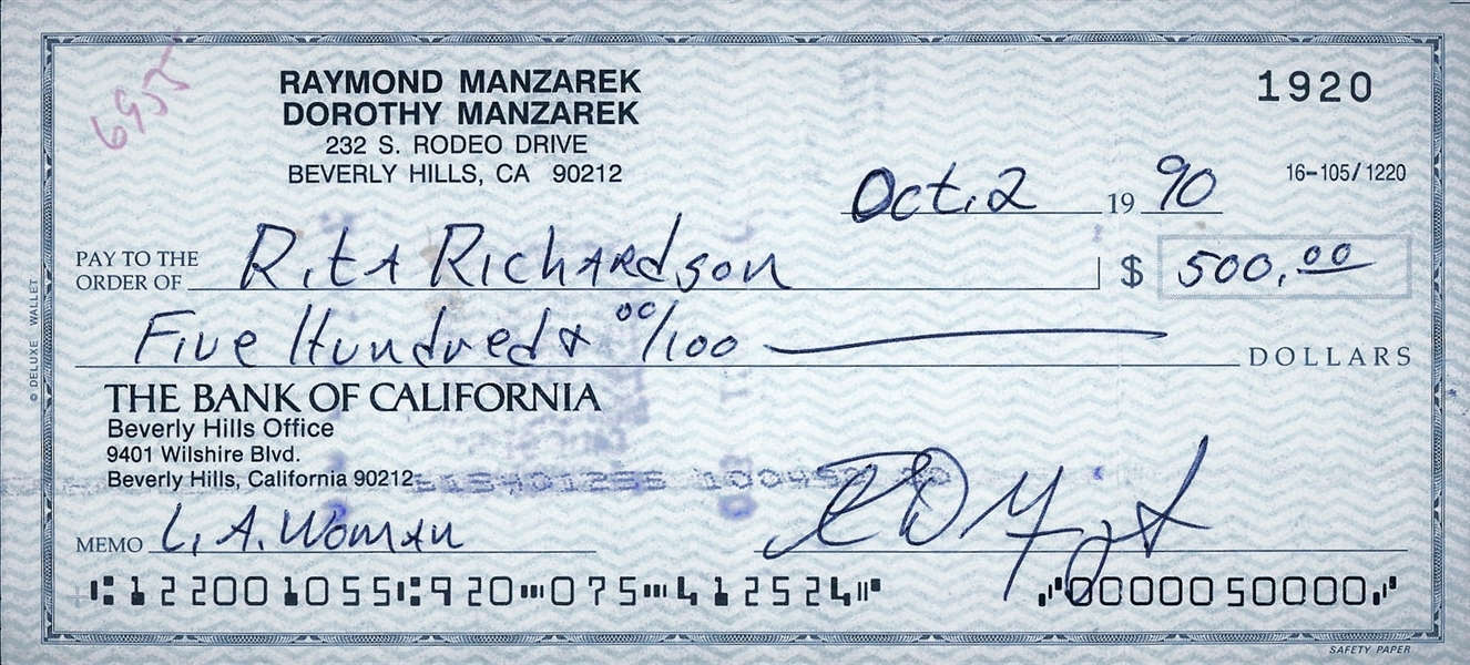 The Doors: Ray Manzarek Handwritten & Signed Bank Check with "L.A. Woman" Notation (Beckett/BAS Guaranteed)