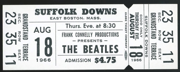 Beatles Original Unused Ticket for Suffolk Downs :: August 18, 1966 :: Boston, MA