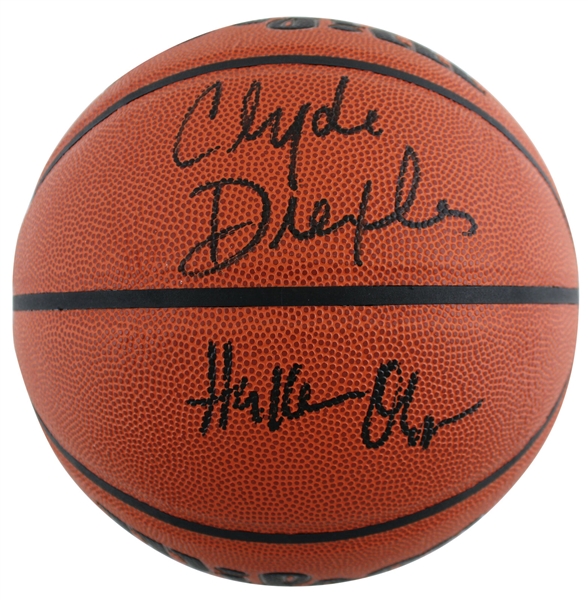 Hakeem Olajuwon & Clyde Drexler Signed Wilson Official NBA I/O Basketball (JSA Witnessed COA)