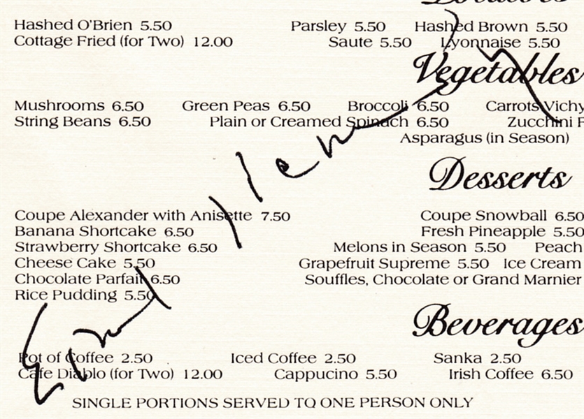 Ethel Kennedy signed IN-PERSON Chasens Restaurant Menu (Beckett/BAS Guaranteed)