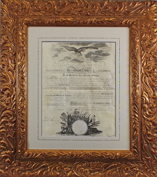 President James Madison Signed Ornate Military Appointment in Custom Framed Display (JSA LOA)
