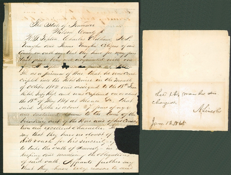 President Abraham Lincoln Handwritten & Signed Endoresement with Supporting Provenance (Beckett/BAS LOA)