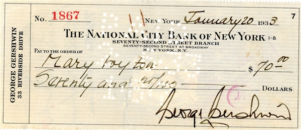 George Gershwin Signed 1933 Bank Check (Epperson/REAL LOA)