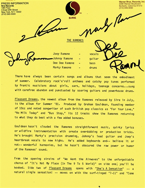 The Ramones Group Signed Sire Records Press Release for "Sweet Dreams" (Beckett/BAS Guaranteed)