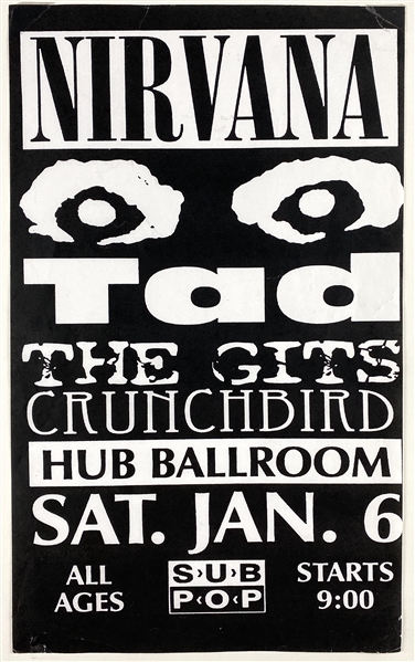 Nirvana Original HUB Ballroom Seattle 8.5” x 14” January 6, 1990 Concert Poster 
