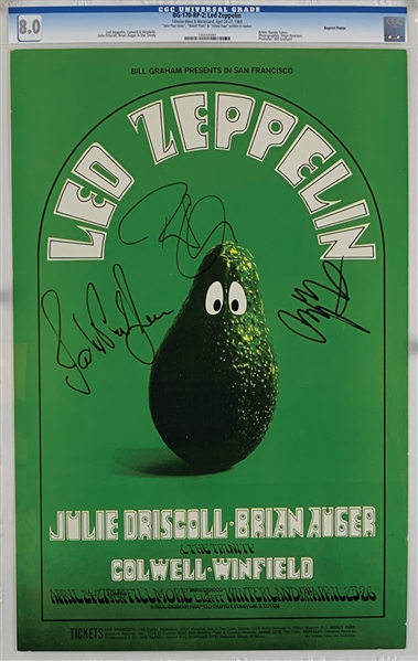 Led Zeppelin Signed 14" x 21" Concert Poster :: April 24-27, 1969 for Fillmore East & Winterland (2nd Printing) :: CGC Graded 8.0 (Beckett/BAS)