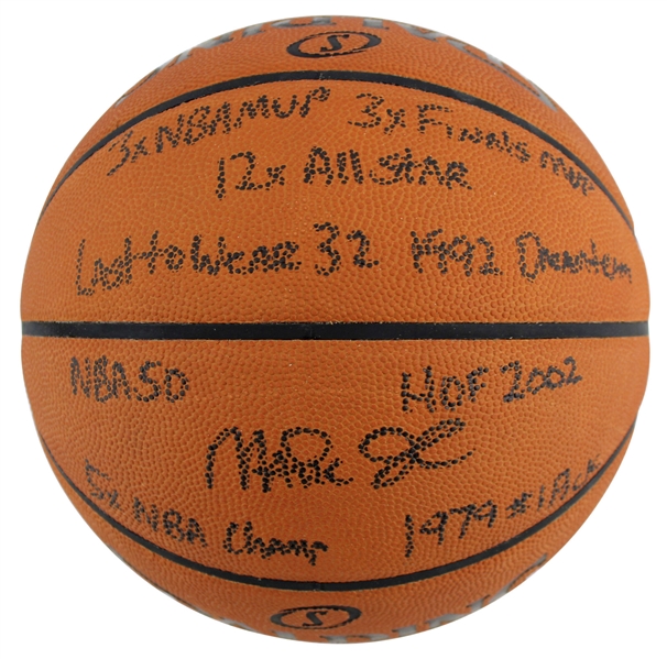 Magic Johnson Rare Signed Spalding NBA Leather Game Model Basketball with Nine Handwritten Career Stats! (Beckett/BAS LOA)