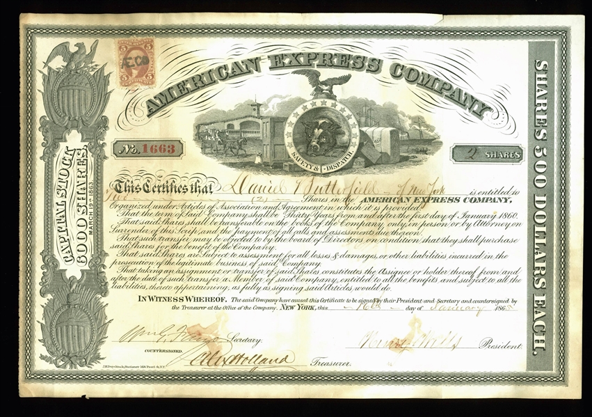 Henry Wells & William G. Fargo Signed 1865 Stock Certificate (Beckett/BAS)