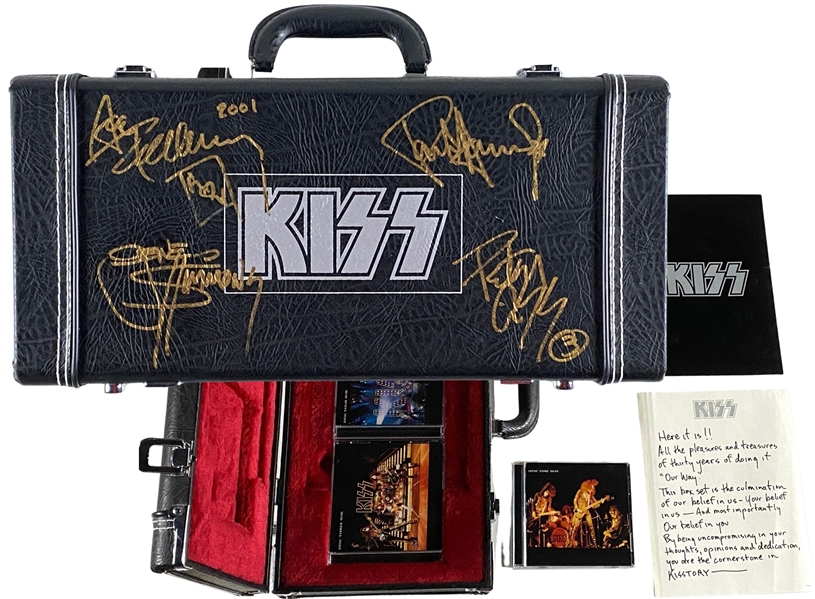 KISS Group Signed 2001 “The Definitive Collection” Mini Guitar Case Complete w/ All CDs & Accompaniments (4 Sigs) (Beckett/BAS Authentication)