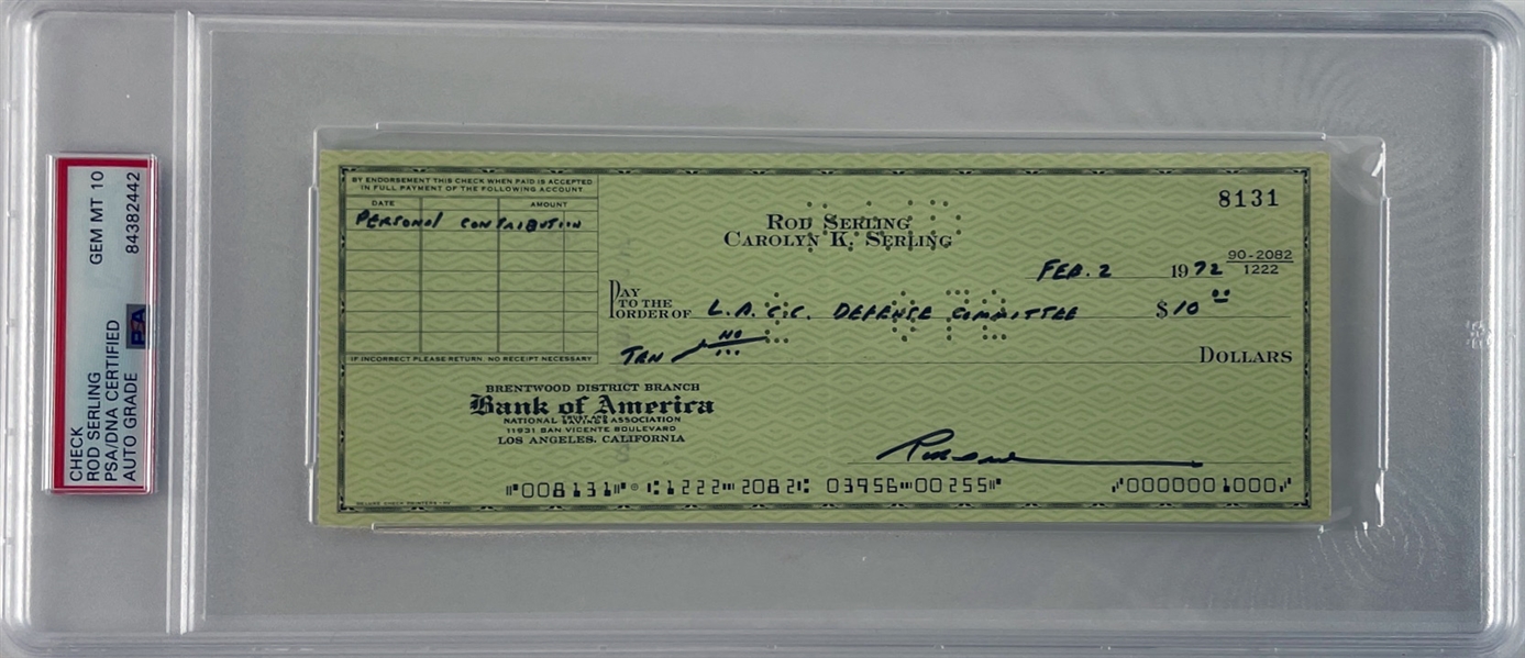 Rod Serling Signed 1972 Personal Bank Check - Graded Gem Mint 10 (PSA/DNA Encapsulated)
