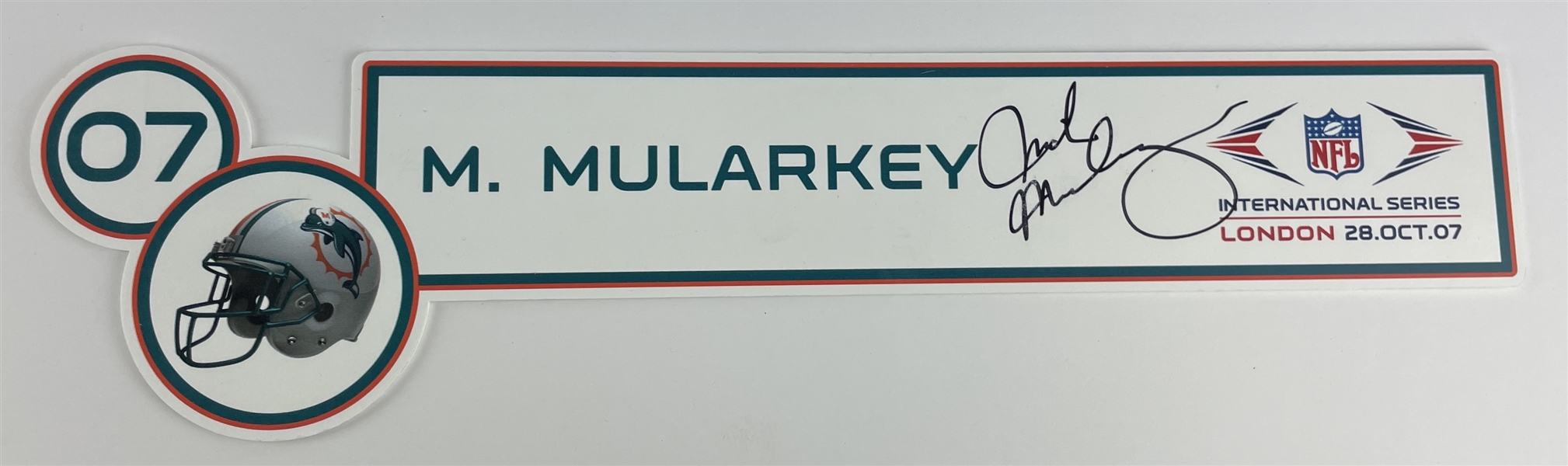 NFL : Autographed Mike Mularkey Miami Dolphins Locker Nameplate from 2007 London Game vs. NYG (JSA COA)(Coach Mike Mularkey Collection)