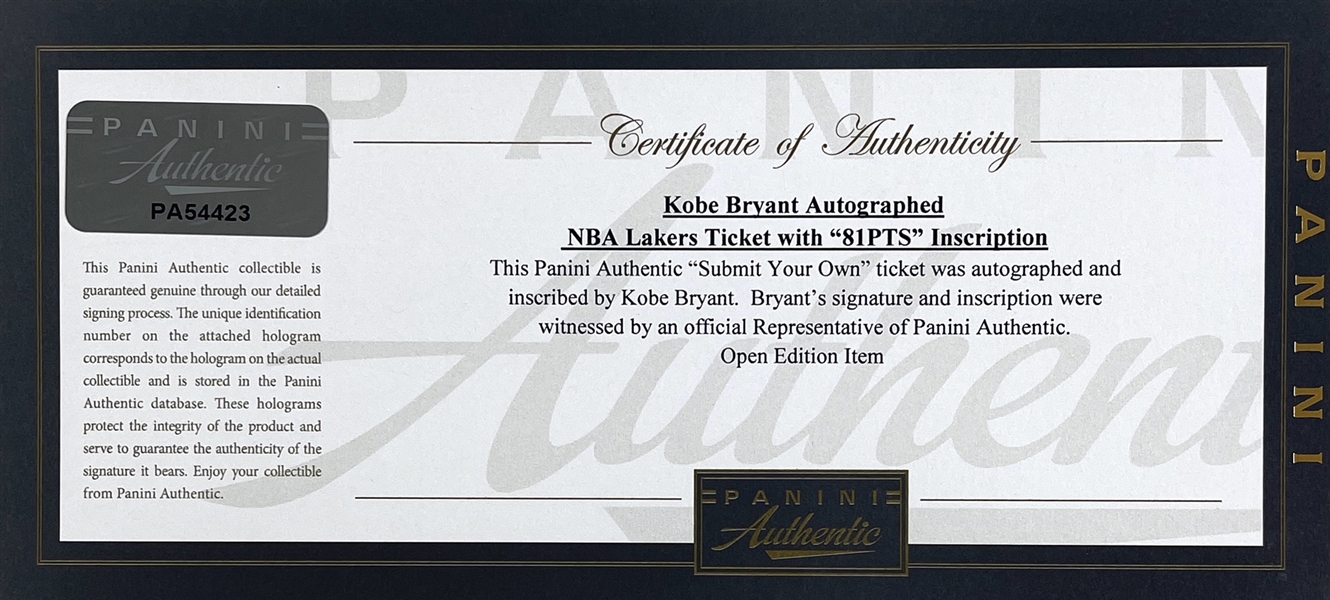 2006 Kobe Bryant Signed 81-Point Game Full Ticket with RARE 81 PTS Insc. :: 1/22/06 Raptors vs. Lakers (Beckett/BAS GEM MINT 10 Auto & Panini COA)
