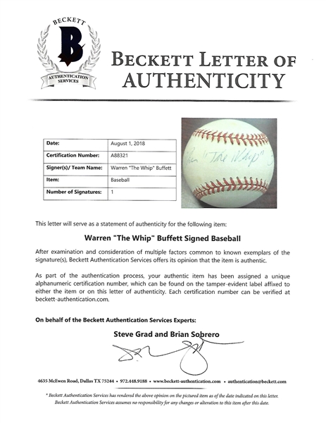 Warren The Whip Buffett Signed OAL (Brown) Baseball (BAS/Beckett)