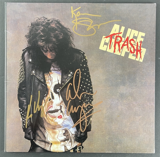 Alice Cooper, Kip Winger, & Kane Roberts Signed "Trash" Album Cover w/ Vinyl (BAS Guaranteed)