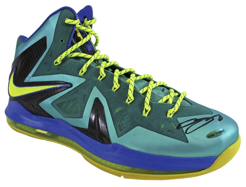 LeBron James 2013 Game Used & Signed Nike LeBron X "Green Week" Sneaker - Attributed to 4-12-2013 Game (Miami vs. Boston)(UDA & End-to-End Photomatch)