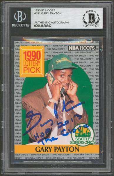 Gary Payton Signed 1990-91 Hoops Rookie Card with "HOF 2013, The Glove" Inscriptions (Beckett/BAS Encapsulated)