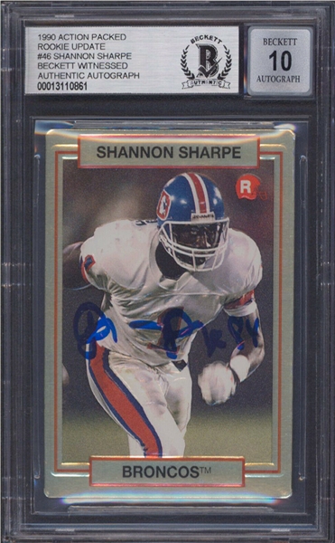 Shannon Sharpe Signed 1990 Action Packed Rookie Card with GEM MINT 10 Autograph (Beckett/BAS Encapsulated)