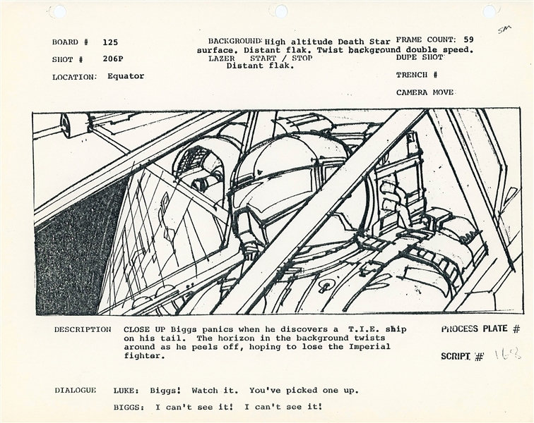 Star Wars Production-Used Storyboard Script Page from “A New Hope” (Collection of Visual Effects Tech Jerry Greenwood) 