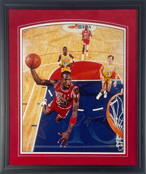 Michael Jordan Signed 15.5" x 19.5" Iconic Slam Dunk Photo in Custom Framing (UDA COA)