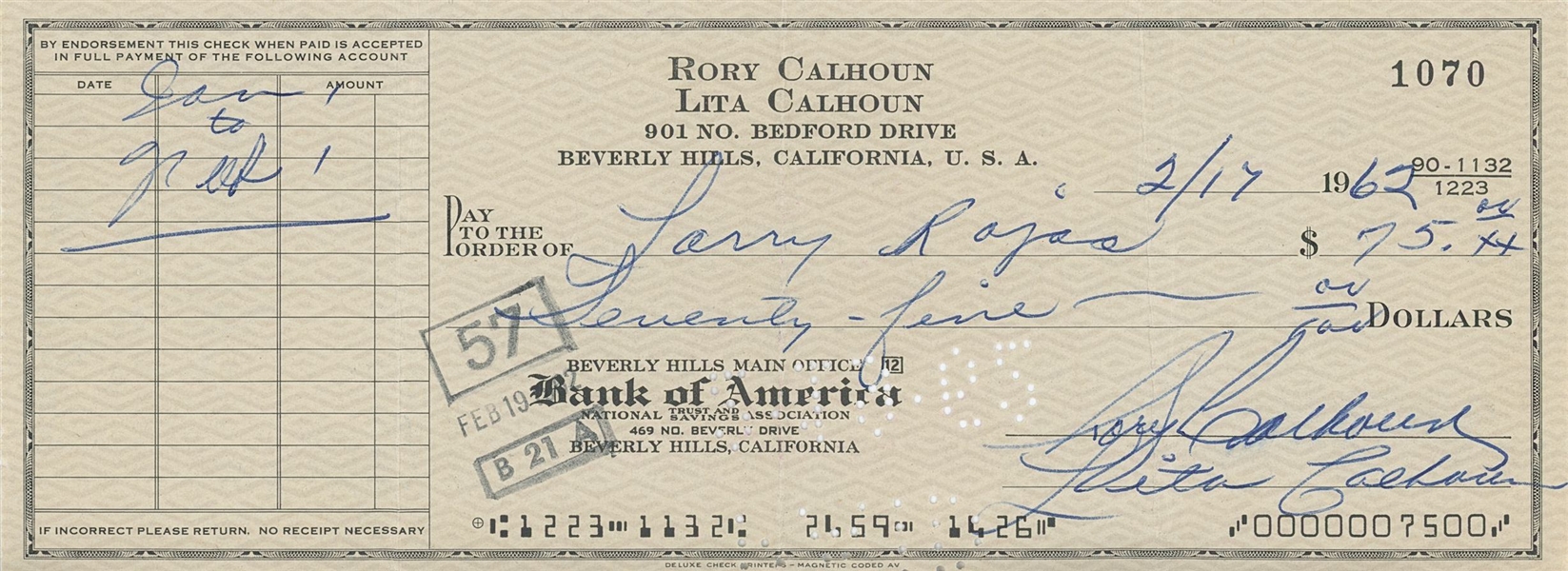 Rory Calhoun Signed Check (PSA Authentication) 