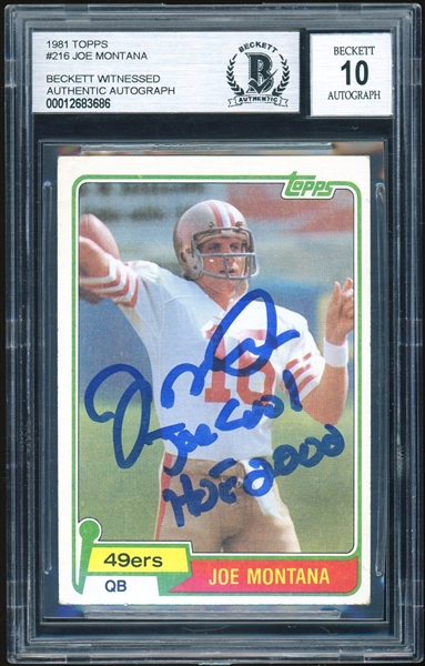 Joe Montana Signed & Inscribed 1981 Topps #216 with GEM MINT 10 Autograph! (BAS Encapsulated)