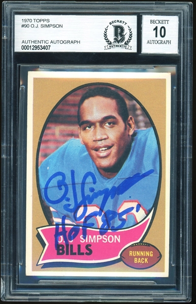 O.J. Simpson Signed & Inscribed 1970 Topps #90 Rookie Card with Gem Mint 10 Autograph! (BAS Encapsulated)