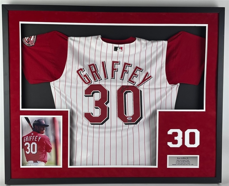 Ken Griffey Jr. Signed #30 Reds Jersey in a Framed Display (PSA/DNA and UD)