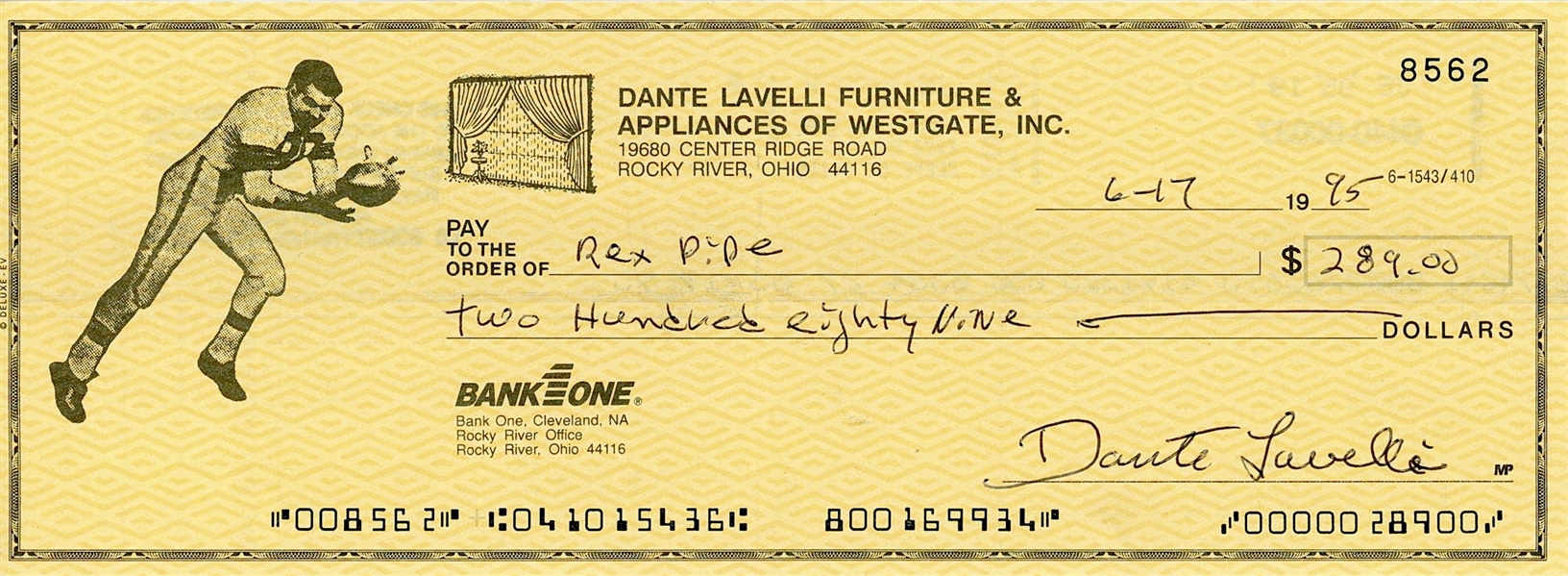 Dante Lavelli Signed Check (PSA Authentication)