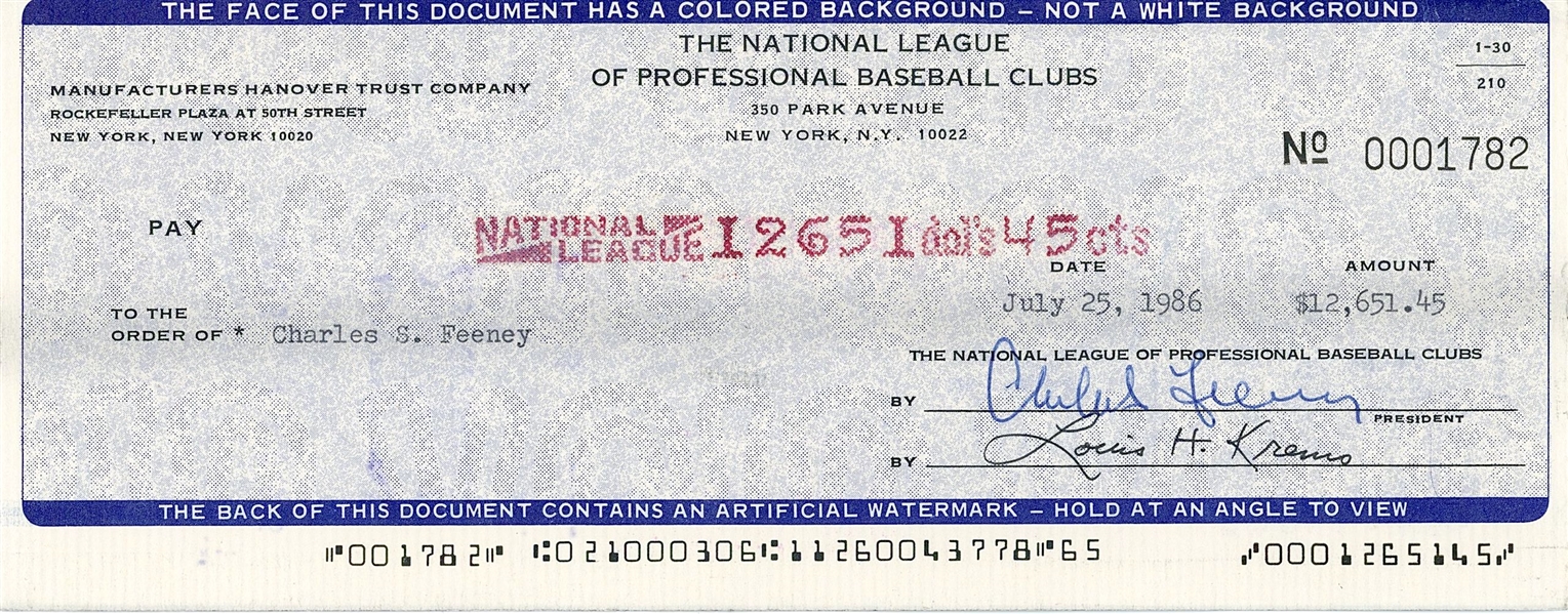 Lot Detail - Chub Feeney Signed Check (PSA Authentication)