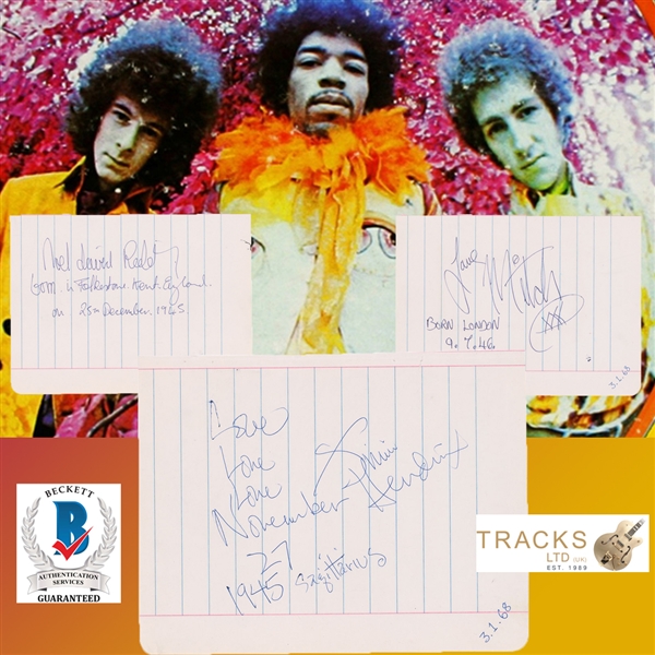 Jimi Hendrix Experience Set of Three Inidividual Signed 8.25 x 6.5 Sheets with One-of-A-Kind Inscriptions (Tracks UK LOA & Beckett/BAS Guaranteed)