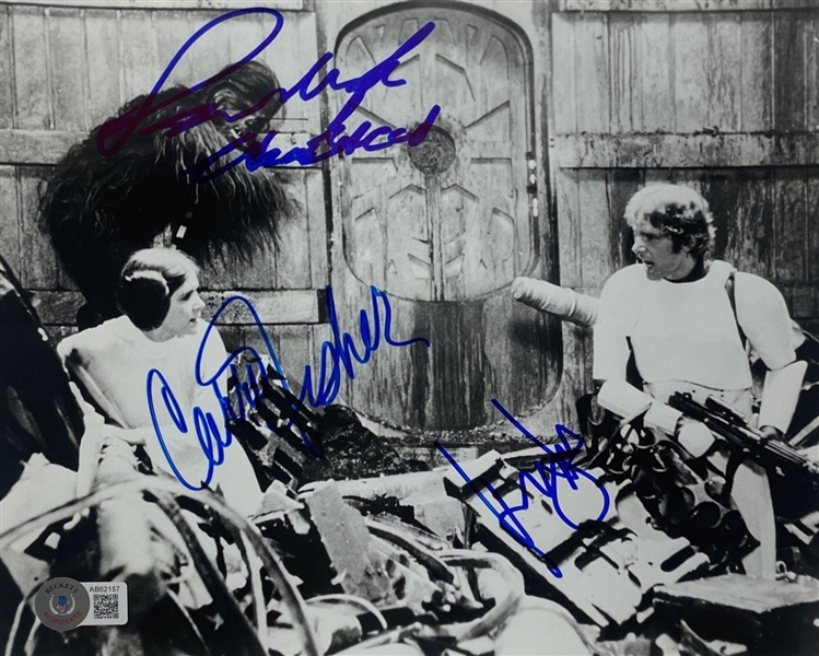 Star Wars: Fisher, Ford, & Mayhew Signed 8" x 10" Photo (BAS LOA) (Steve Grad Autograph Collection) 
