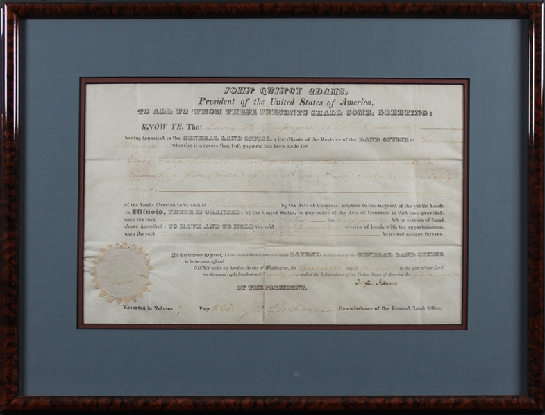 President John Quincy Adams Signed & Framed 1826 Land Grant (Beckett/BAS LOA)