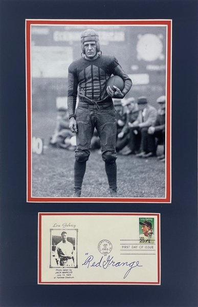 Red Grange Signed & Matted First Day of Issue Lou Gehrig Postal w/ Photo (JSA)