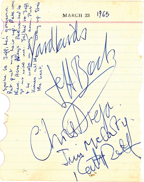 The Yardbirds Vintage Signed Sheet with Jeff Beck (Epperson/REAL LOA)