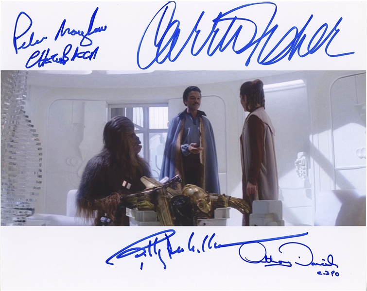 Star Wars: Fisher, Mayhew, Daniels, and Williams 10” x 8” Signed Photo from “The Empire Strikes Back” (4 Sigs) (Beckett/BAS Guaranteed)