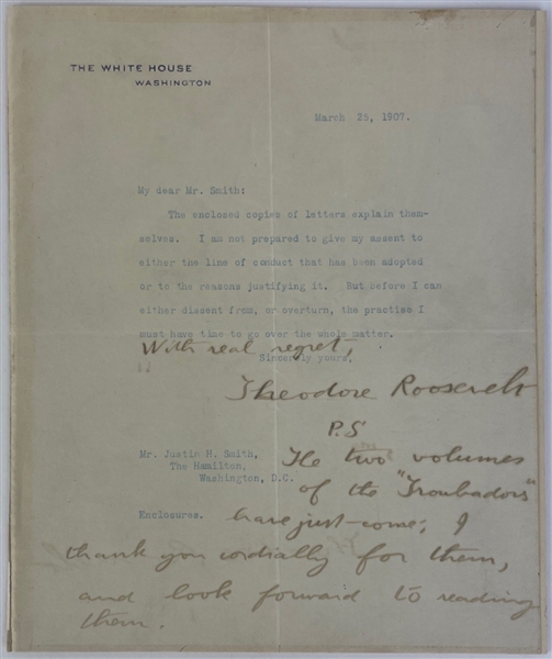 Theodore Roosevelt Signed 7.5" x 8.75" White House Letter (Beckett/BAS Guaranteed)
