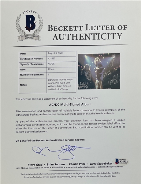 AC/DC Group Signed Album Cover w/ 5 signatures (Beckett/BAS LOA)