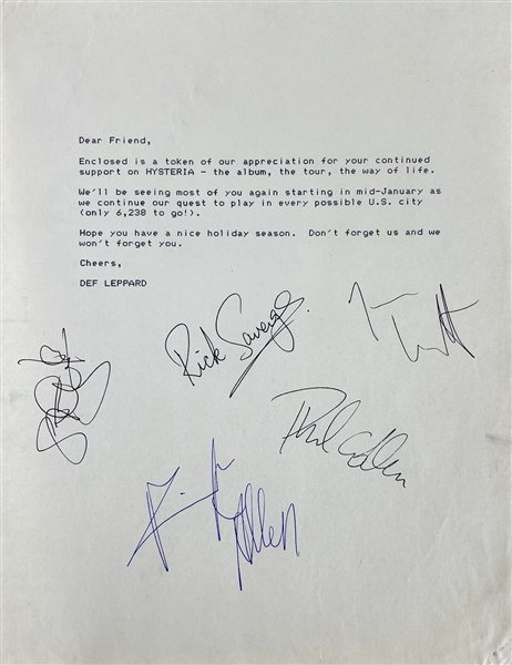 Def Leppard Band Signed "Hysteria" Thank You Letter (w/Steve Clark)(Beckett/BAS Guaranteed)