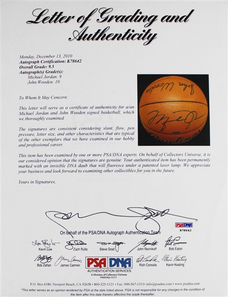 Michael Jordan & John Wooden Rare Dual Signed Rawlings NCAA Game Model Basketball (UDA & PSA/DNA Graded Mint+ 9.5)