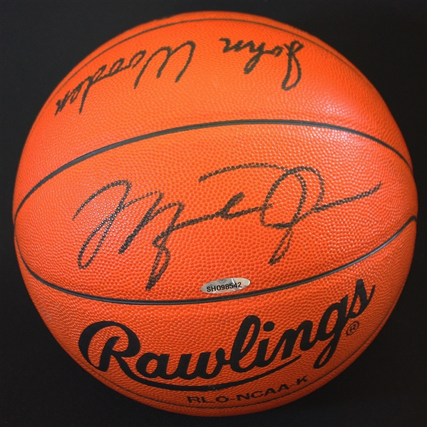 Michael Jordan & John Wooden Rare Dual Signed Rawlings NCAA Game Model Basketball (UDA & PSA/DNA Graded Mint+ 9.5)