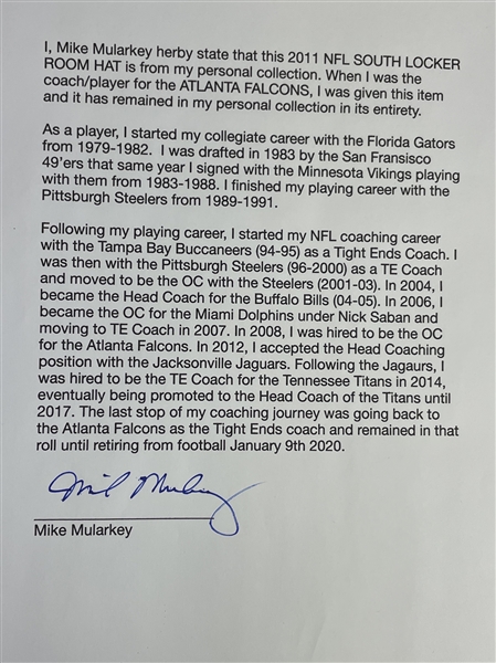 NFL : Autographed Mike Mularkey 2010 Atlanta Falcons NFL South Division Champions Hat (JSA COA)(Coach Mike Mularkey Collection)