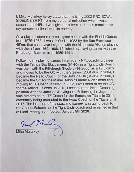 NFL : Autographed Mike Mularkey 2002 Worn Sideline Pro Bowl Shirt (Coach Mike Mularkey Collection)