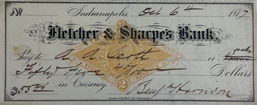 President Benjamin Harrison Signed 2.75" x 6.5" Bank Check (Beckett/BAS Guaranteed)