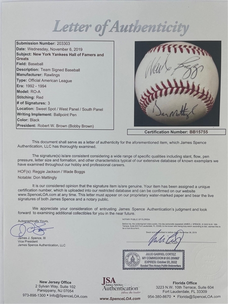 New York Yankees HOF & Greats: Team Signed OAL Baseball w/ Boggs, Jackson, Mattingly (JSA)